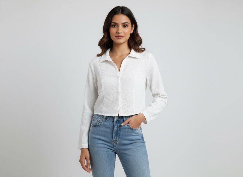 White Textured Cropped Shirt