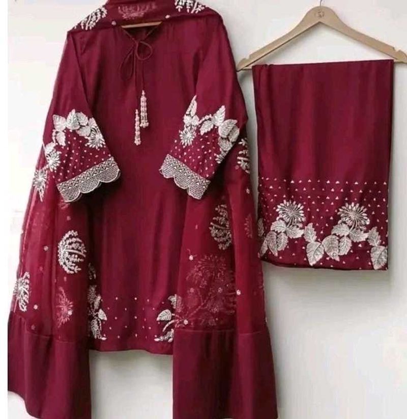 Maroon Embroidered Kurta Set