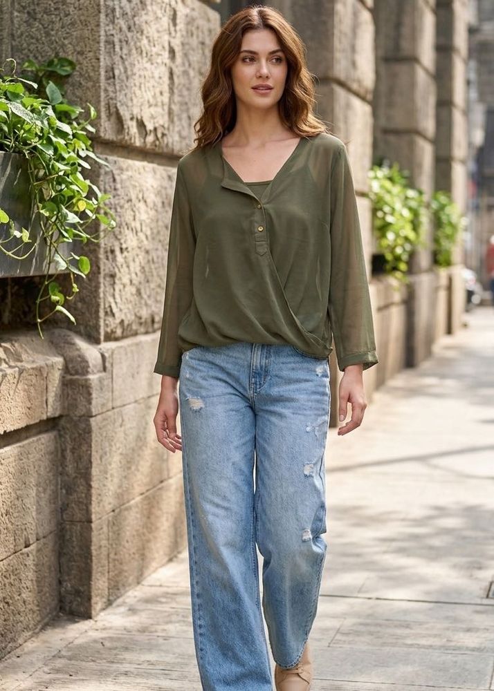 Chic Olive Green Wrap Top