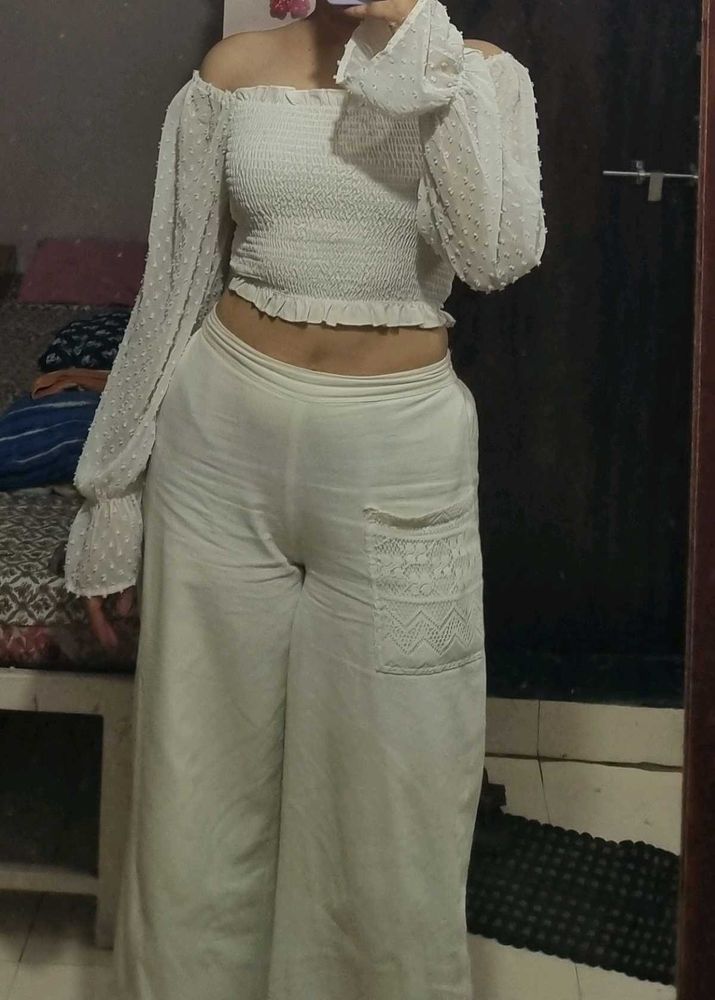 White Off-Shoulder Smocked Crop Top