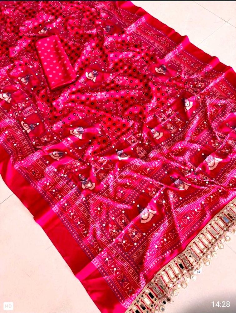 Vibrant Pink Bandhani Saree with Mirror Work
