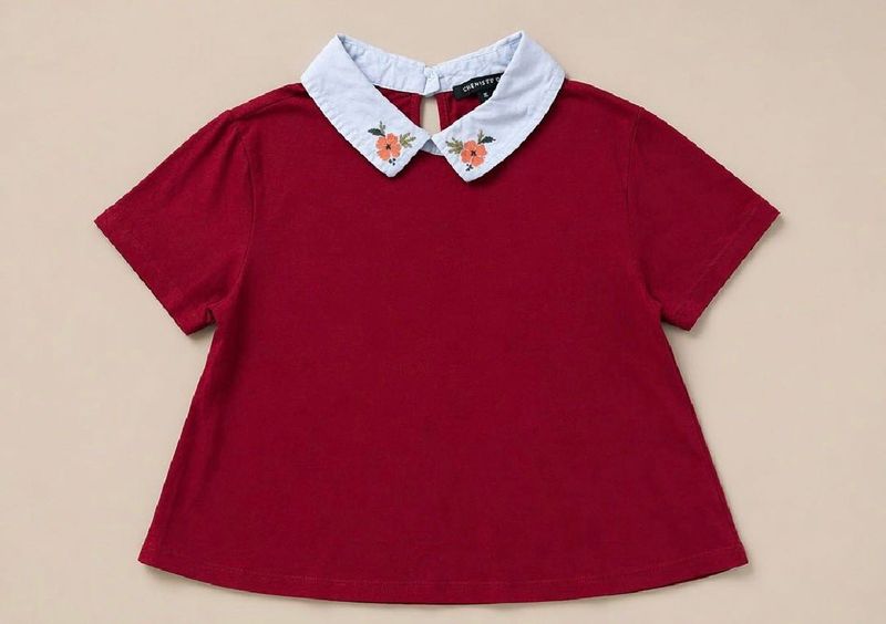 Charming Red Top with Floral Collar