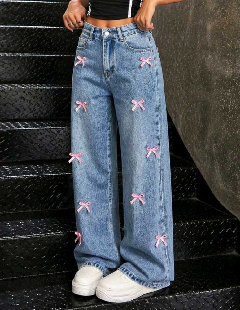 Cute Bow Detailed Wide Leg Jeans