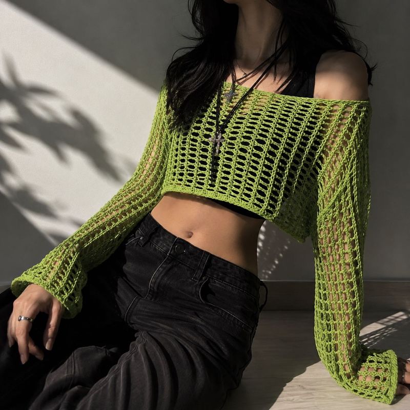 Y2K Boho Green Crochet Sheer Long Sleeve Top