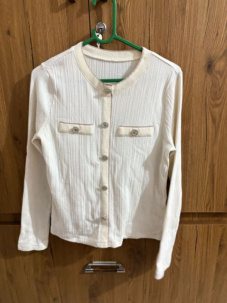 Cream Ribbed Button-Up Cardigan