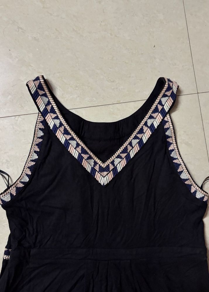 Black Embroidered V-Neck Dress