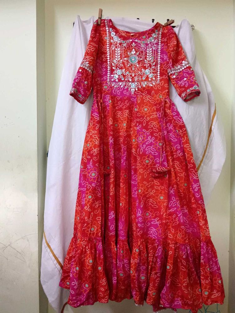 Red Bandhani Embroidered Dress