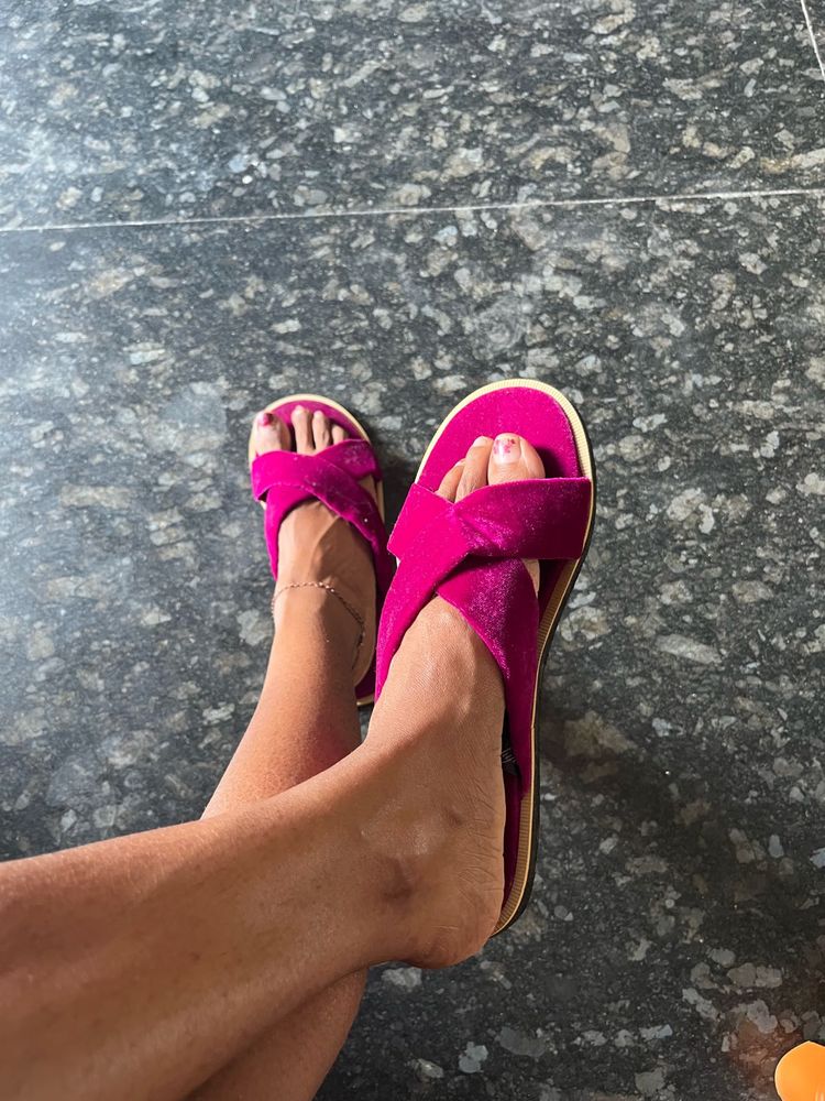 Fuchsia Velvet Cross Strap Slides