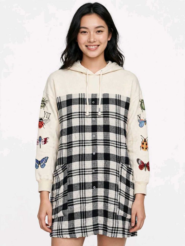 Chic Plaid Hoodie Dress with Bug Embellishments