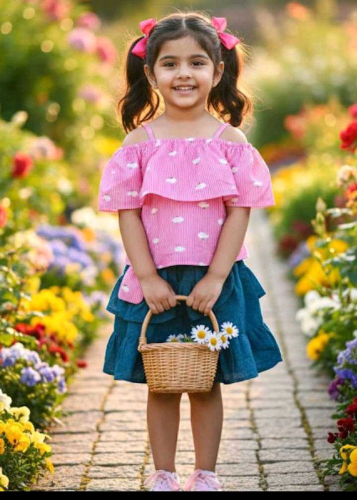 4-6 year Adorable Pink Cloud Print Top &amp; Skirt Set