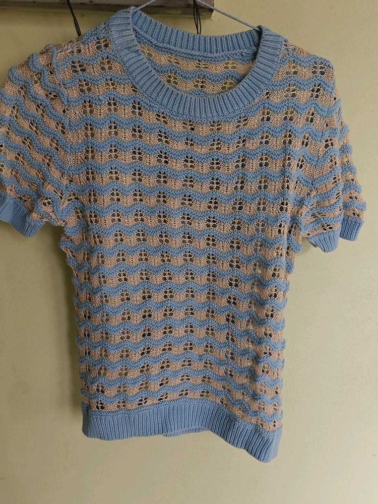 Blue &amp; Beige Crocheted Knit Top