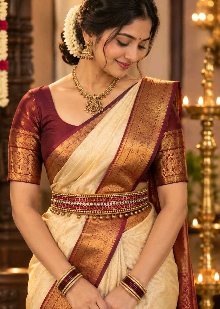 Elegant Cream &amp; Maroon Silk Saree