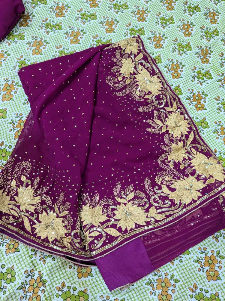 Georgette Embroidered Magenta Saree