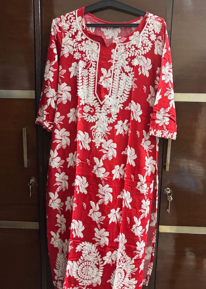 Vibrant Red Embroidered Kurta