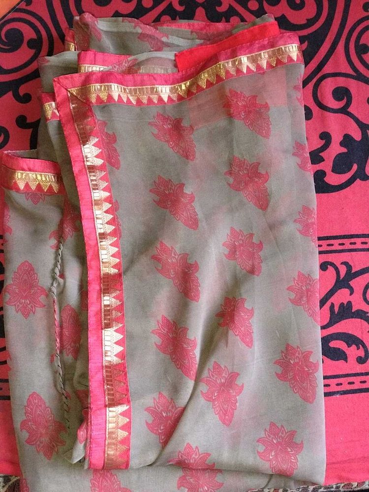 33.Grey Dupatta with Pink Floral Print