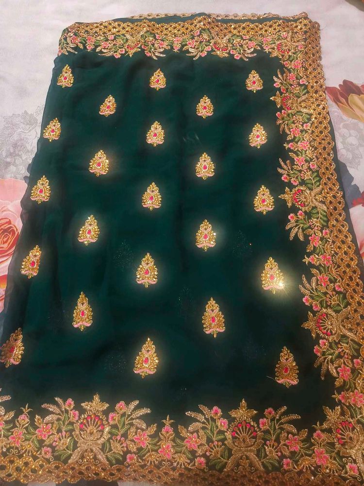Beautiful Emerald Green Embroidered Saree