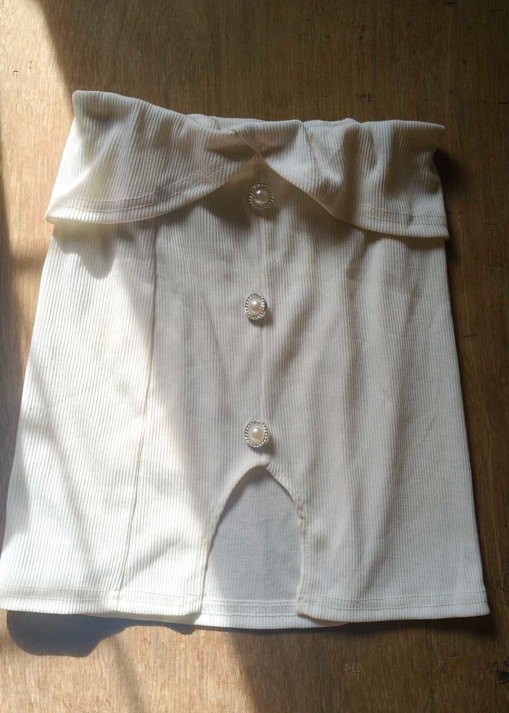 Ribbed Off-Shoulder Pearl Button Top