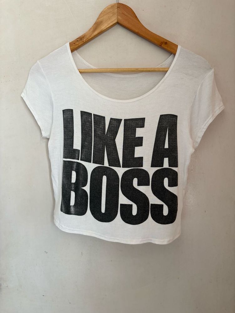 White "Like A Boss" Cropped T-Shirt