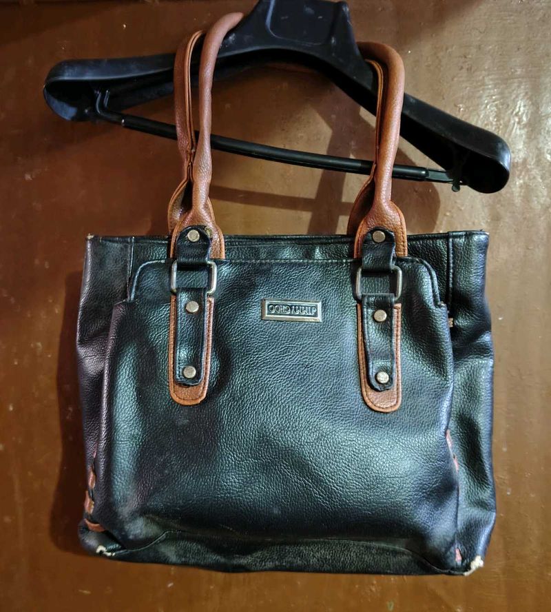 Black Leather Handbag with Brown Accents