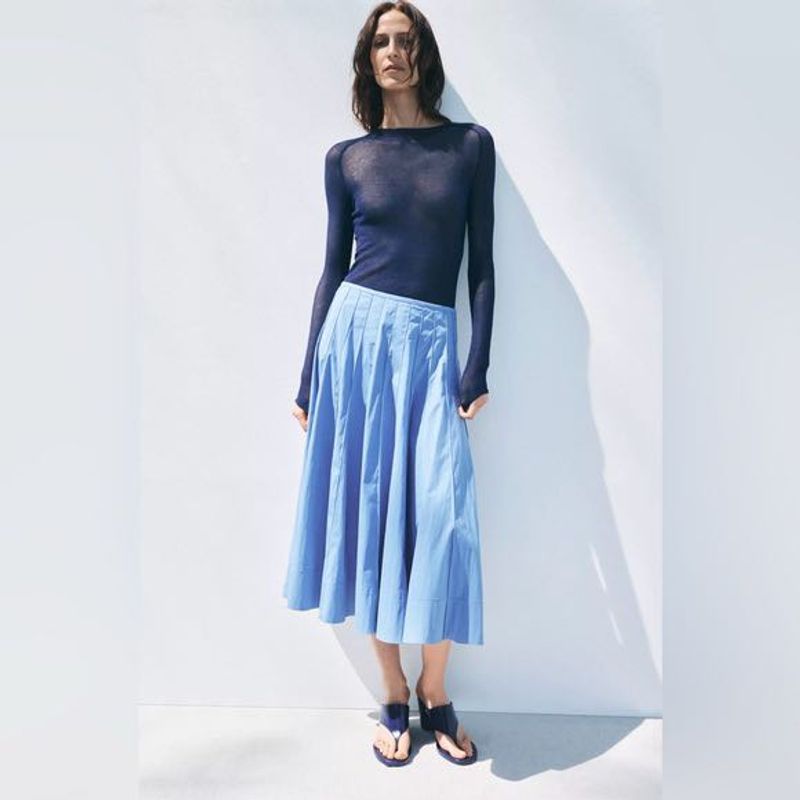 Zara Blue Pleated Midi Skirt