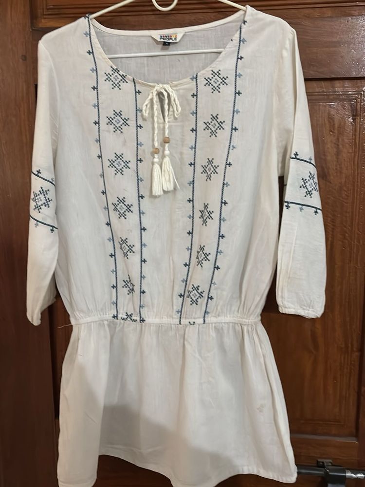 Off White Blue Embroidered Top Clinched At Waist