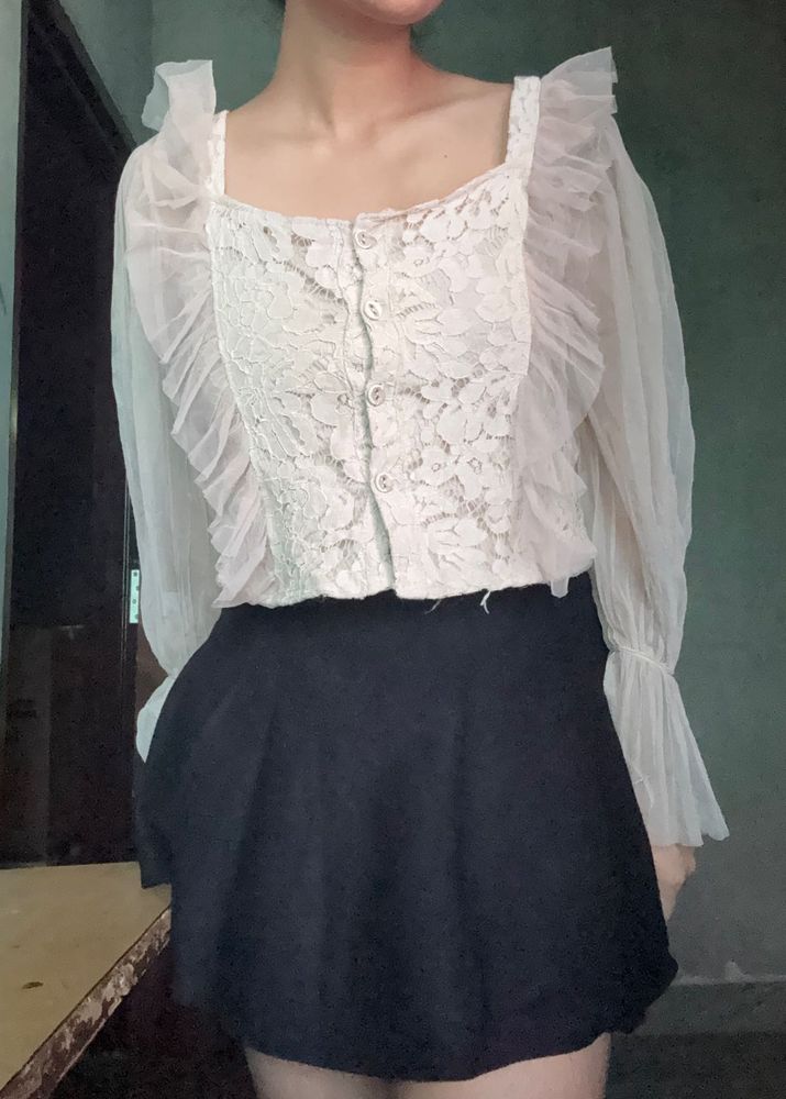 Sheer Lace Button-Up Blouse
