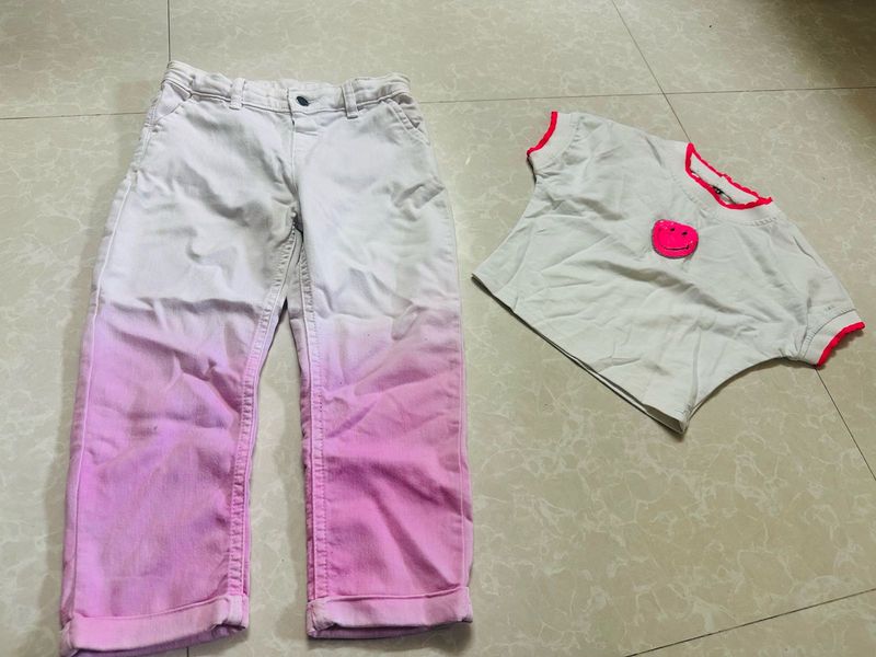 Cute Ombre Jeans &amp; Smiley Face Tee Set