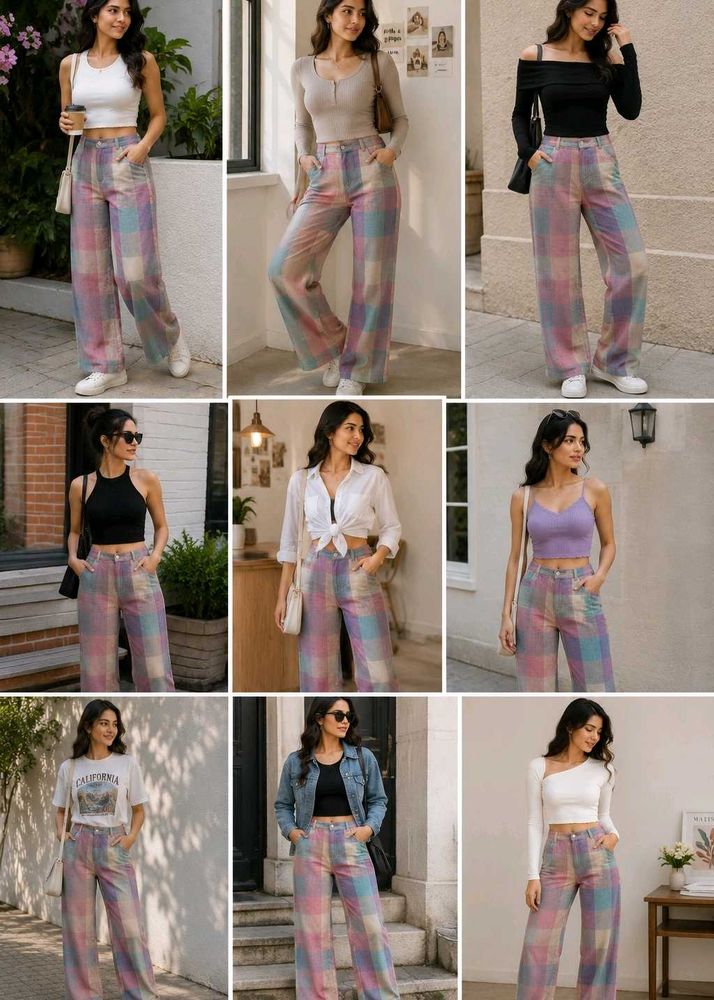 Pastel Plaid Wide Leg Pants France