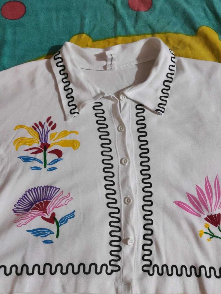 White Floral Print Button-Up Top