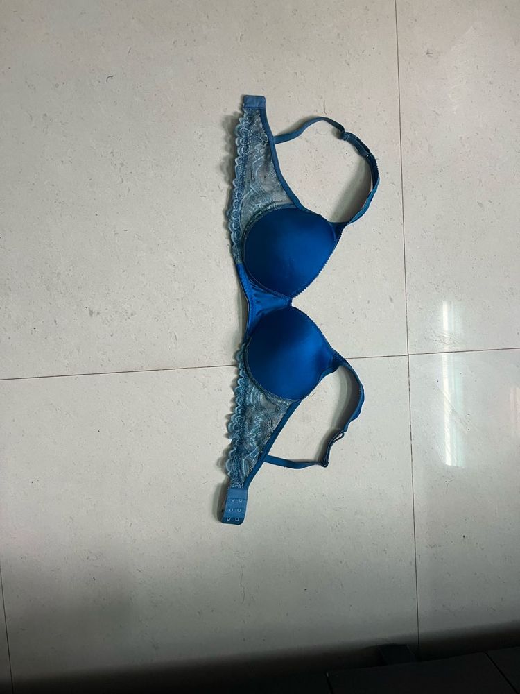 Blue Lace Trim Padded Bra