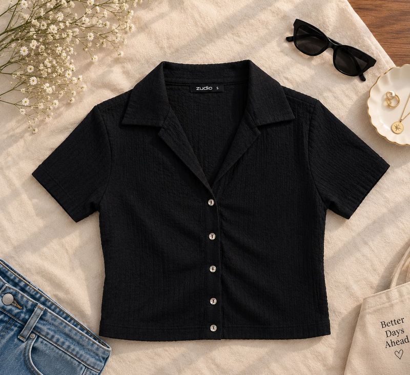 Black Textured Button-Up Shirt