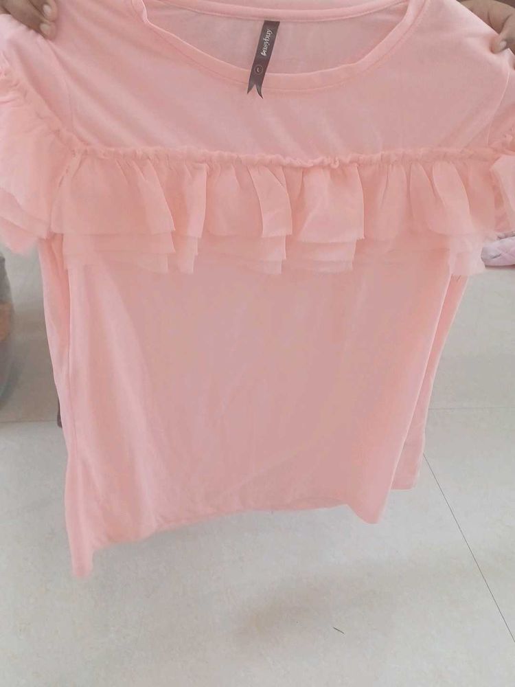 Chic Pink T-shirt with Ruffle Detail