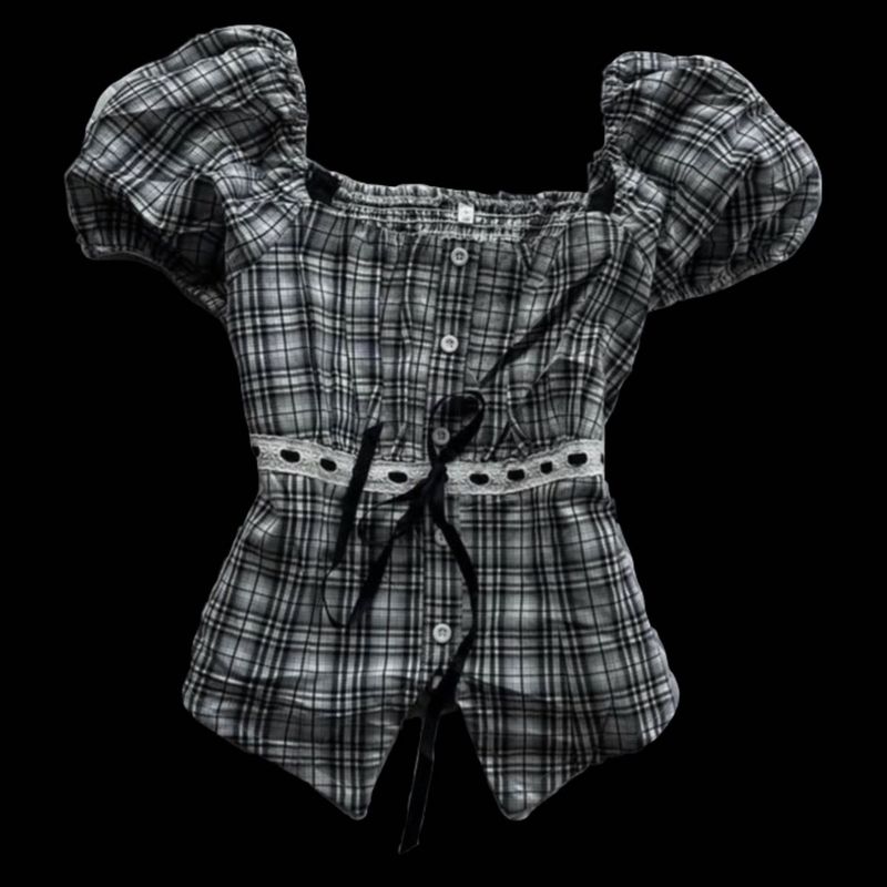 Plaid Puff Sleeve Corset Top