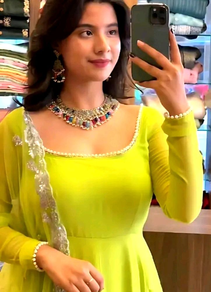 Flared Anarkali Gown With Embroidered Dupatta