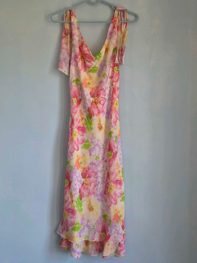 Y2k Floral Print Dress with Tie Shoulders