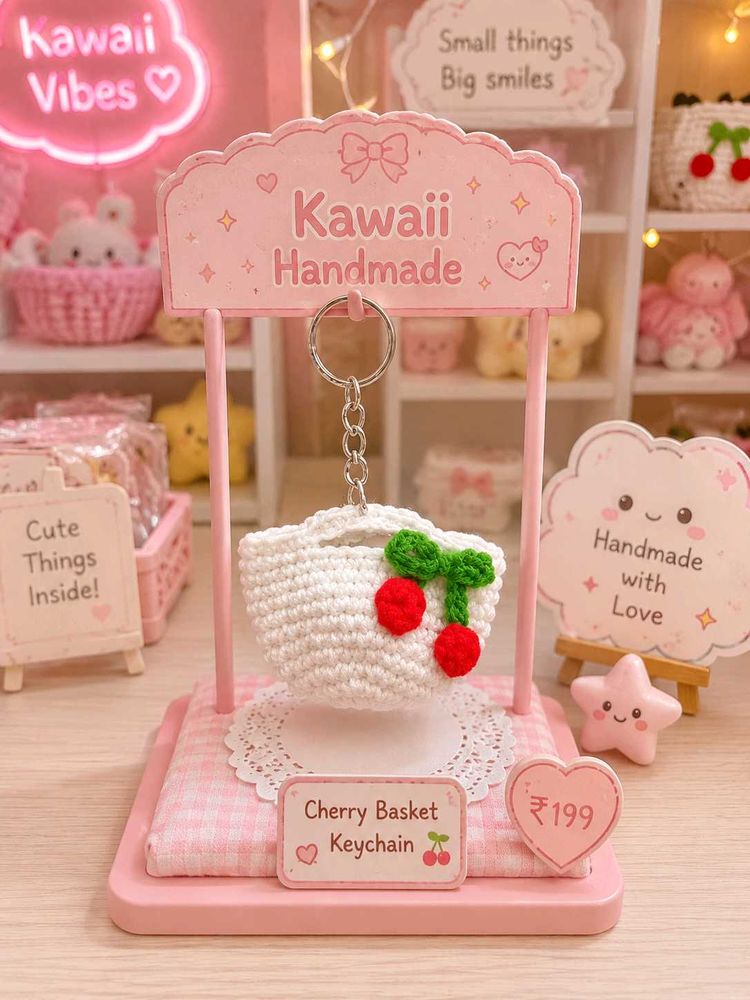 Kawaii Cherry Basket Keychain
