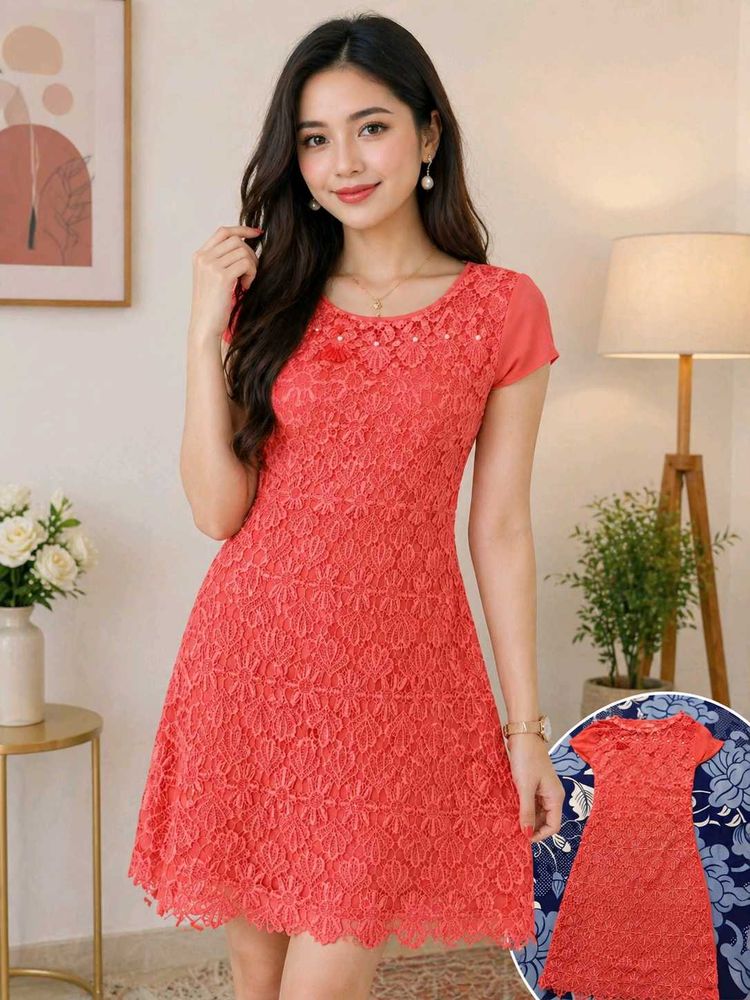 Coral Lace Fit &amp; Flare Dress