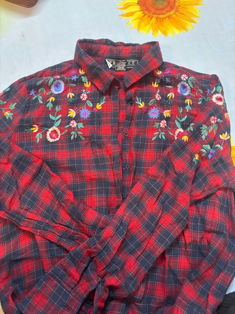 Red Plaid Embroidered Button-Up Shirt