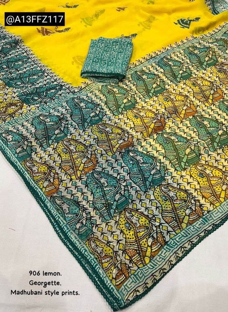 Yellow Georgette Saree with Madhubani Prints