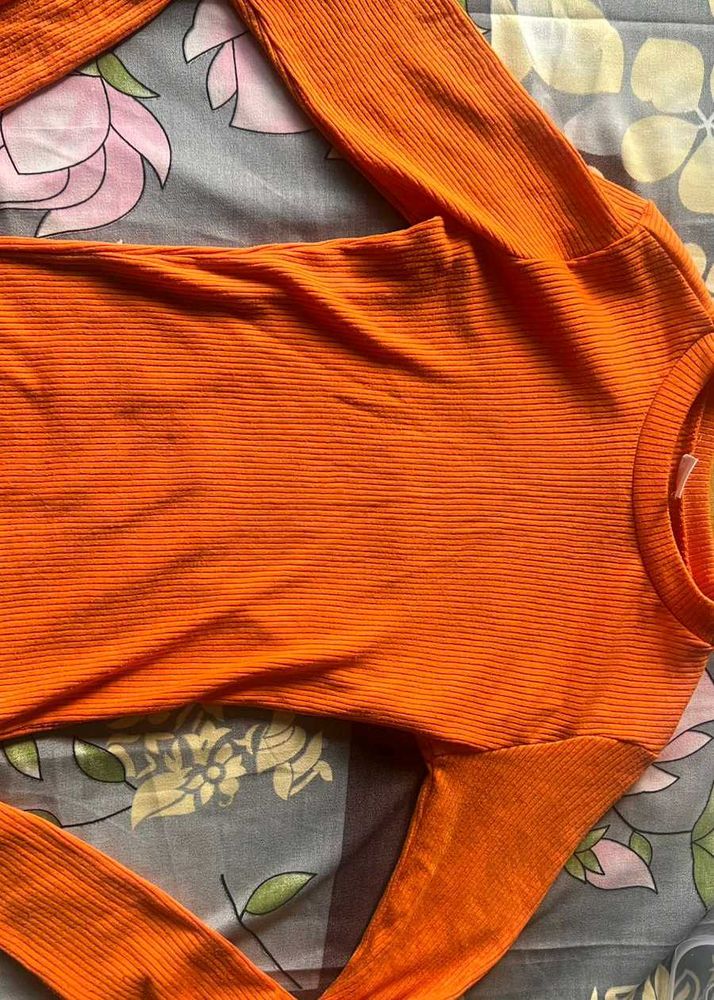 Orange Ribbed Crop Long Sleeve Top