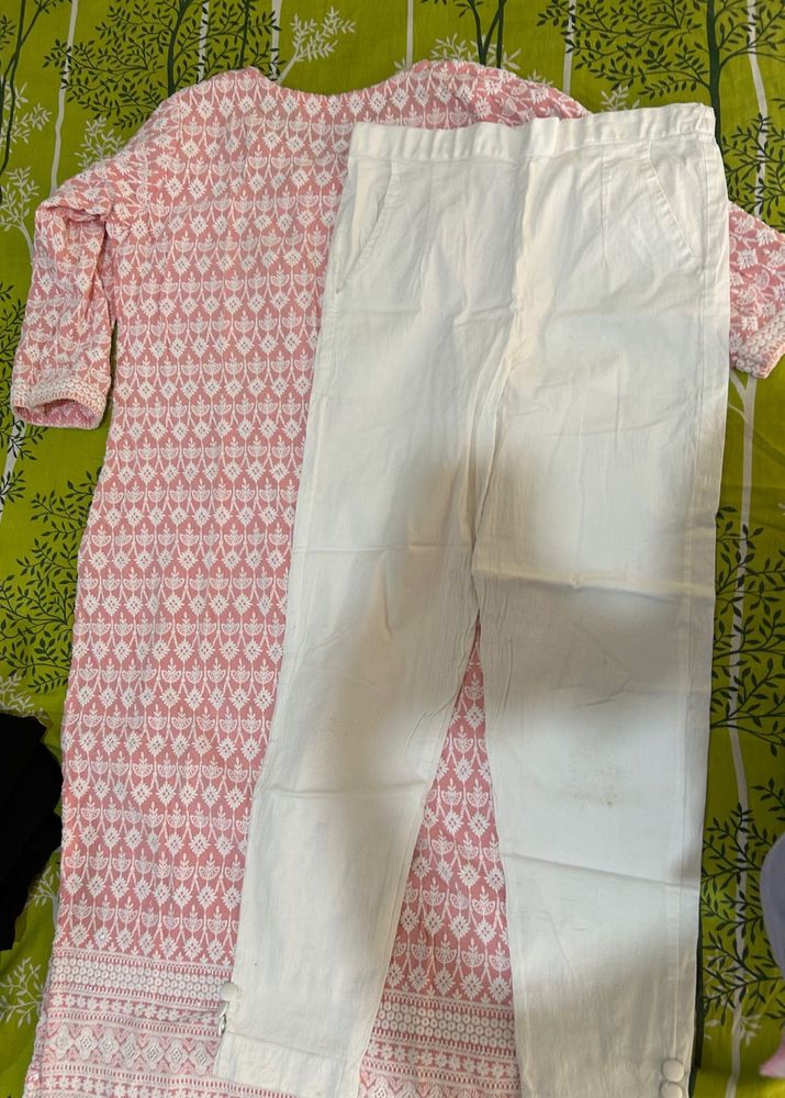 Pink Chikankari Kurta with White Pants