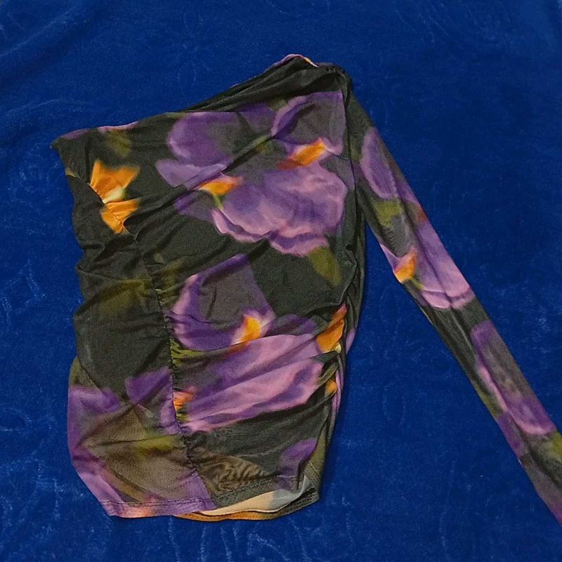 Sheer Floral One-Sleeve Ruched Top