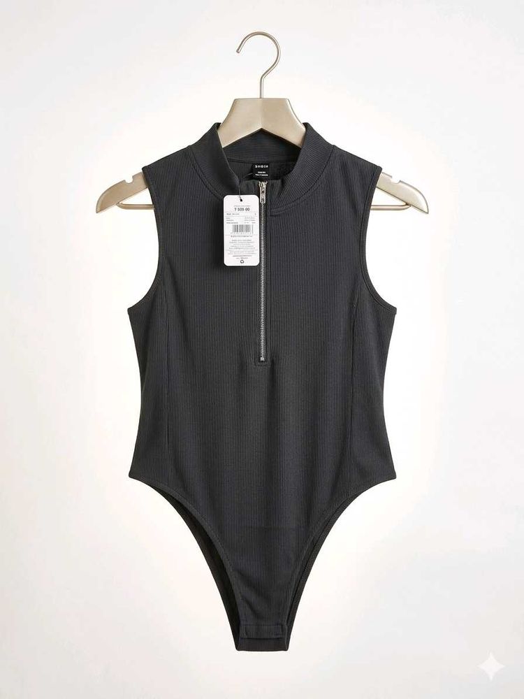 Branded zipper ribbed leotard top