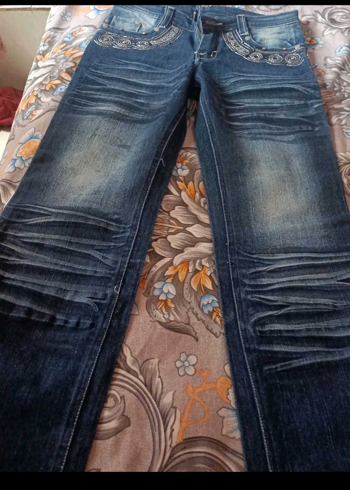 Stylish Embellished Blue Denim Jeans