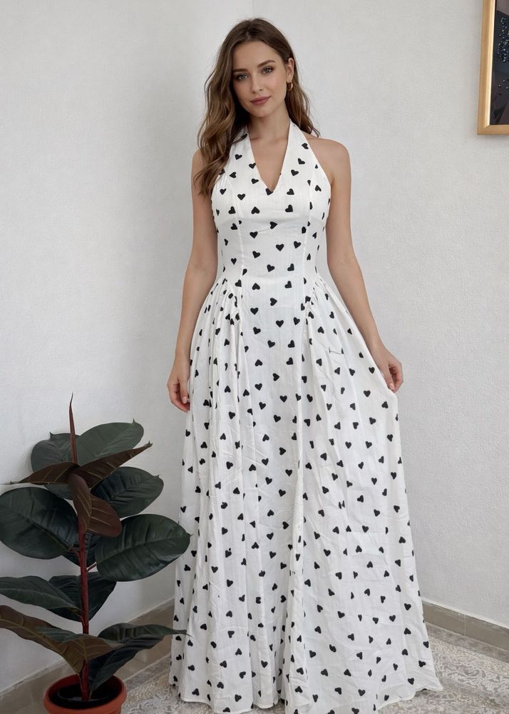 White Heart Print Maxi Dress