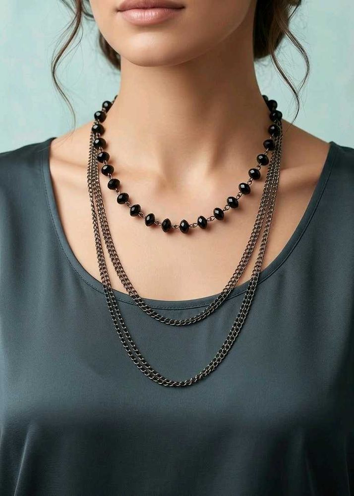 Layered Black Bead &amp; Chain Necklace