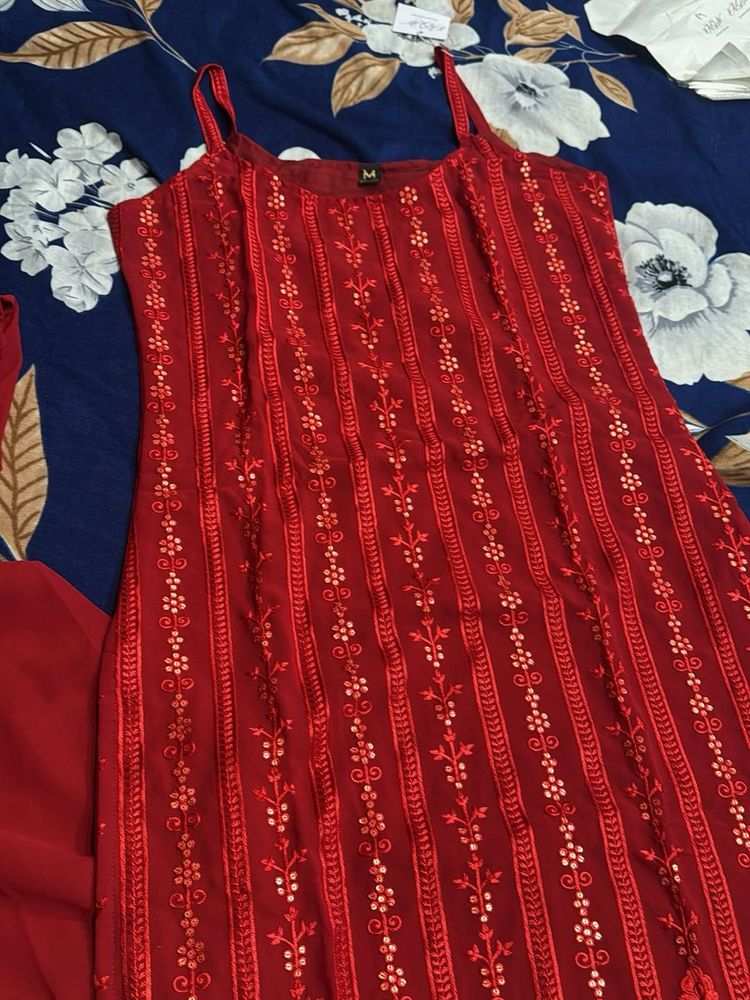 Red Embroidered Kurta Set