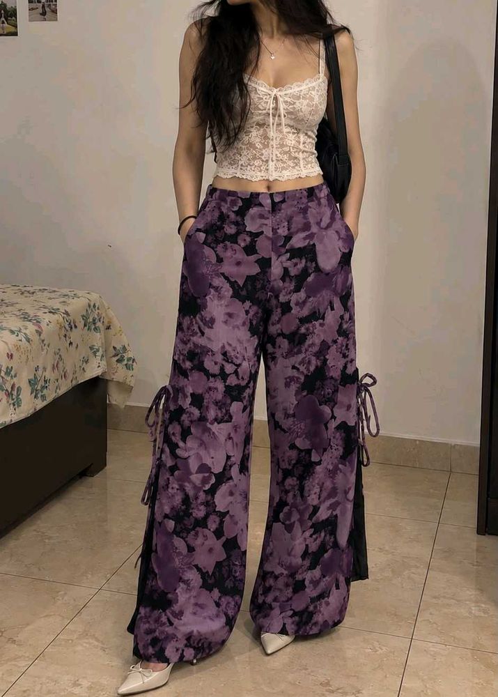 Purple Floral Wide Leg Pants