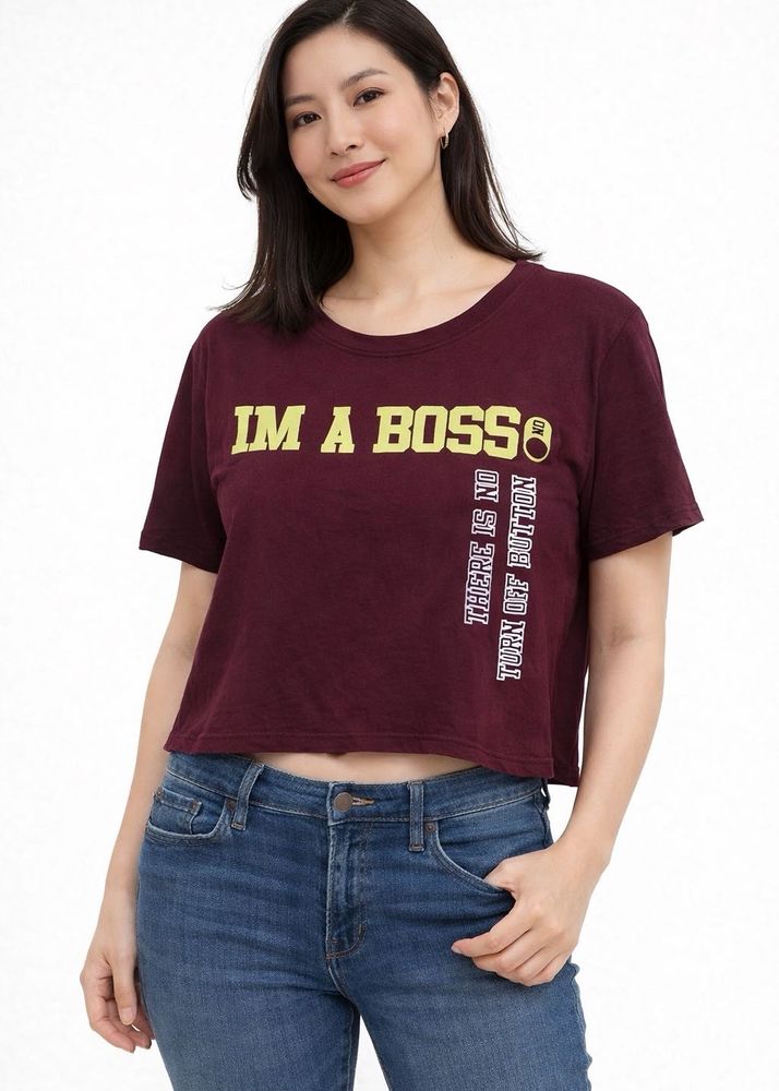 Maroon 'I'm A Boss' Cropped T-Shirt
