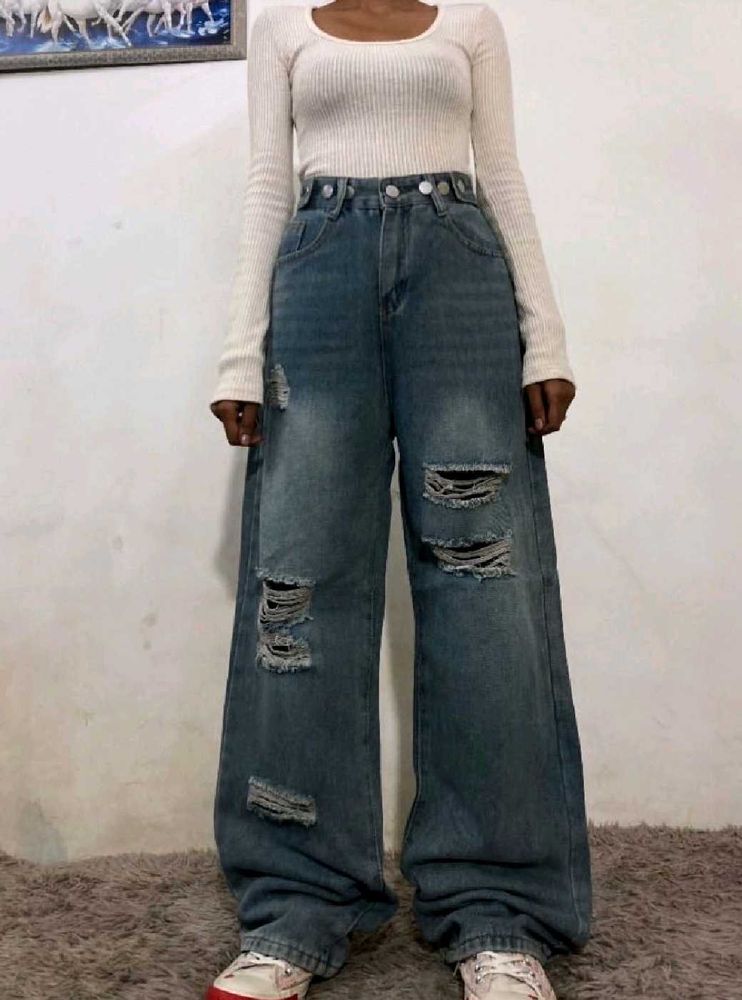 Distressed Wide-Leg Jeans